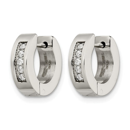 Stainless Steel Chisel Polished With Cz 4mm Hinged Hoop Earrings