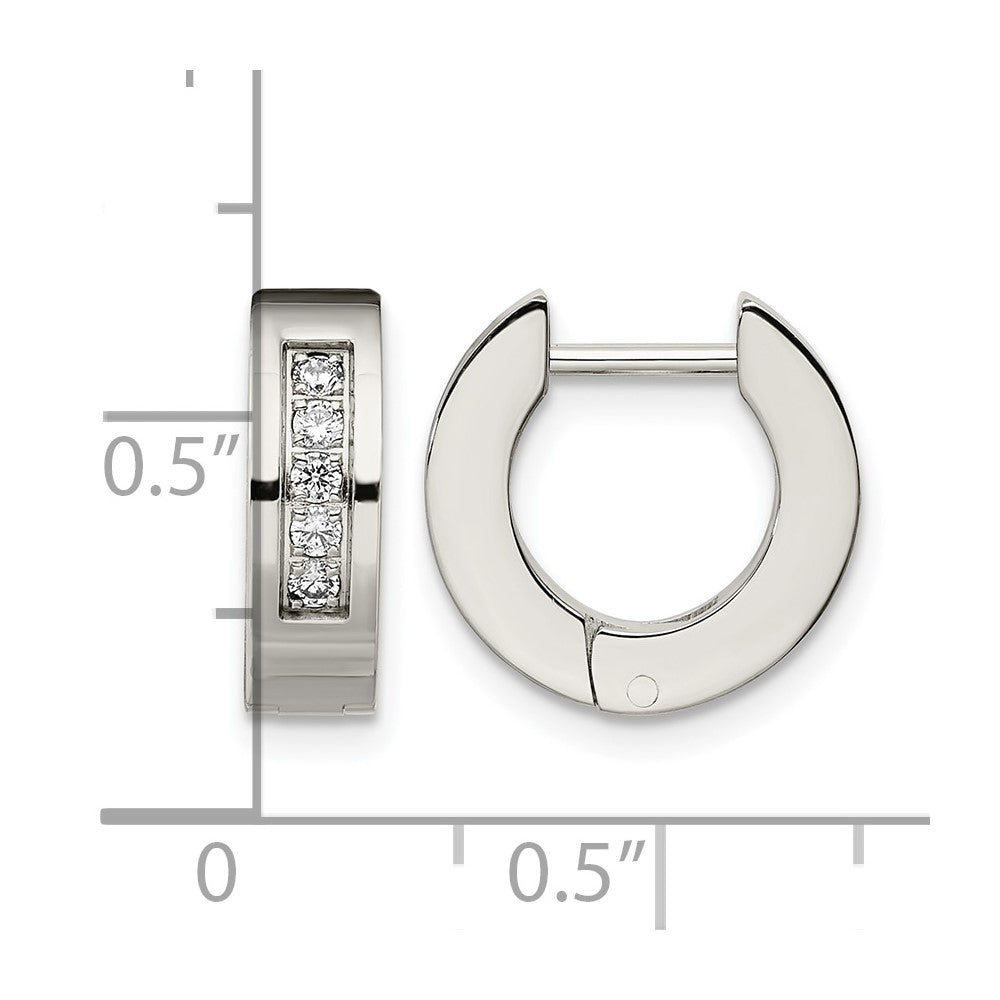Stainless Steel Chisel Polished With Cz 4mm Hinged Hoop Earrings