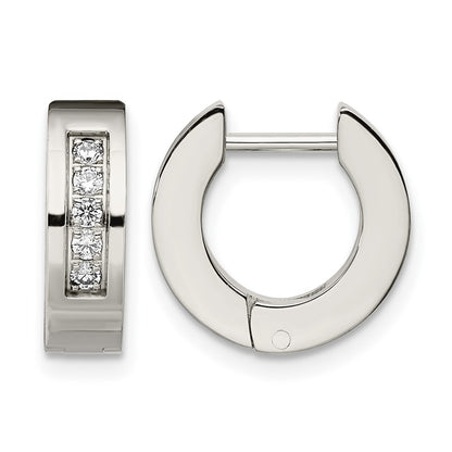 Stainless Steel Chisel Polished With Cz 4mm Hinged Hoop Earrings