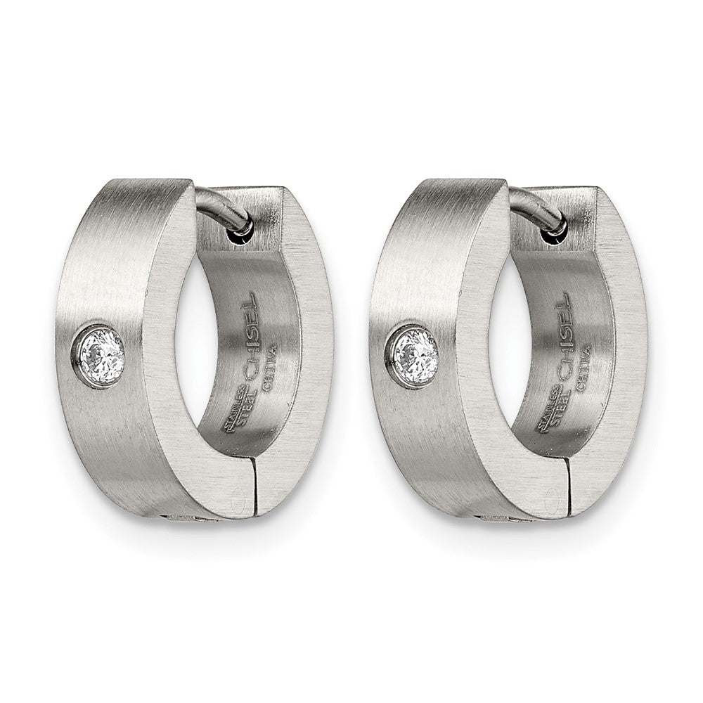 Stainless Steel Chisel Brushed With Cz 4mm Hinged Hoop Earrings