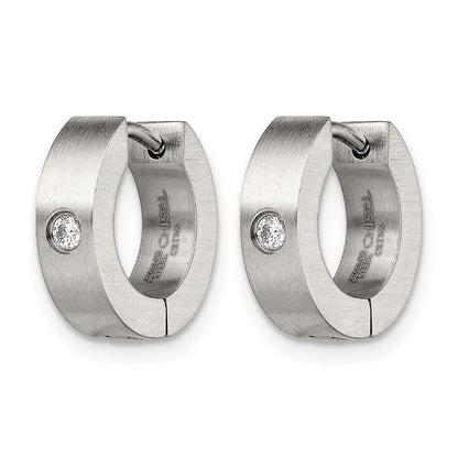 Stainless Steel Chisel Brushed With Cz 4mm Hinged Hoop Earrings