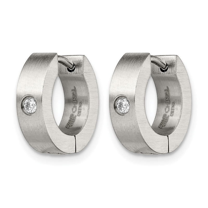 Stainless Steel Chisel Brushed With Cz 4mm Hinged Hoop Earrings