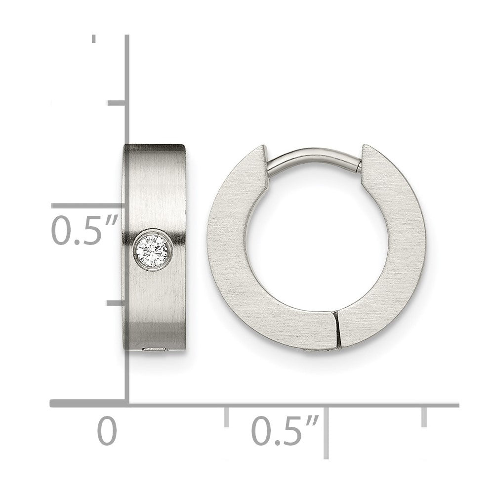 Stainless Steel Chisel Brushed With Cz 4mm Hinged Hoop Earrings