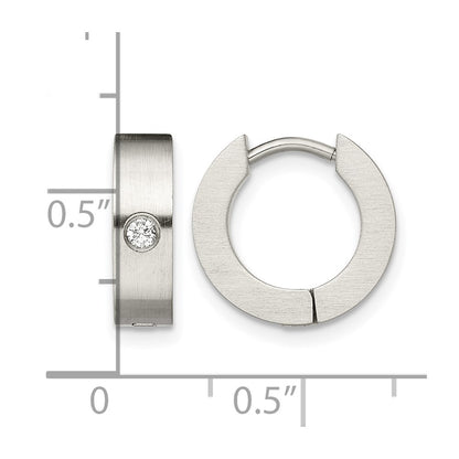 Stainless Steel Chisel Brushed With Cz 4mm Hinged Hoop Earrings