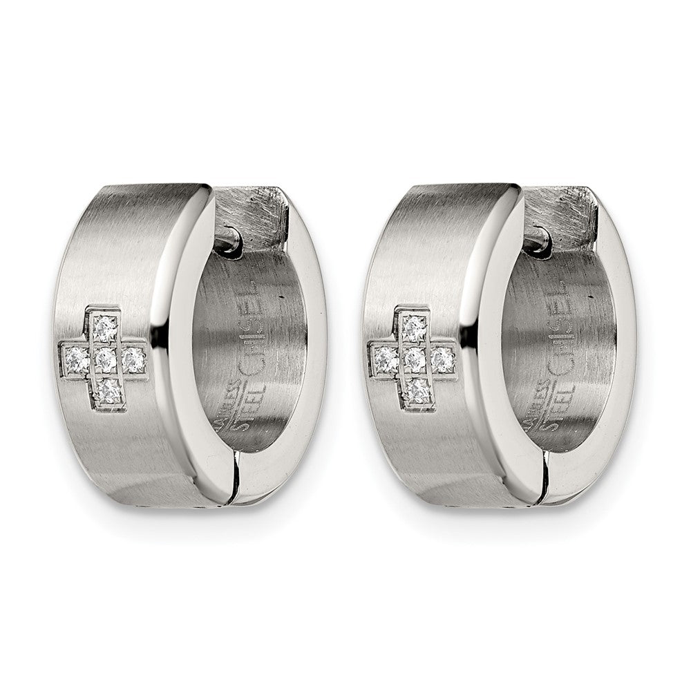 Stainless Steel Chisel Brushed And Polished With Cz 6mm Hinged Hoop Earrings