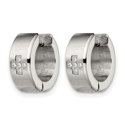 Stainless Steel Chisel Brushed And Polished With Cz 6mm Hinged Hoop Earrings