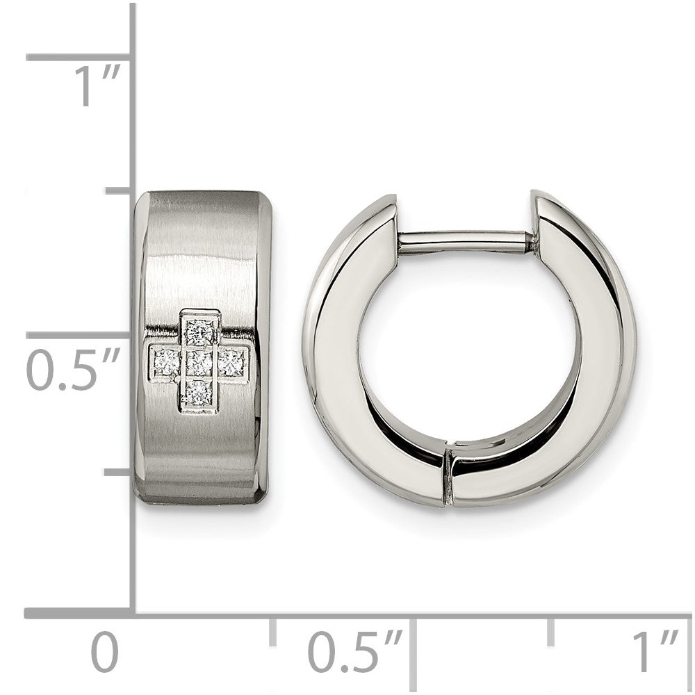 Stainless Steel Chisel Brushed And Polished With Cz 6mm Hinged Hoop Earrings