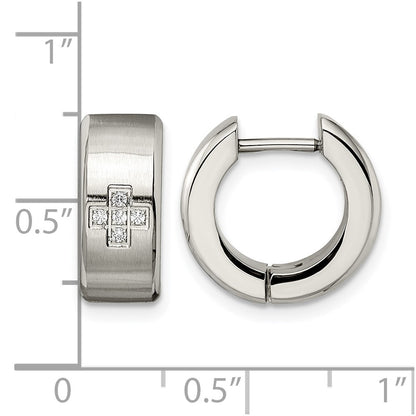 Stainless Steel Chisel Brushed And Polished With Cz 6mm Hinged Hoop Earrings