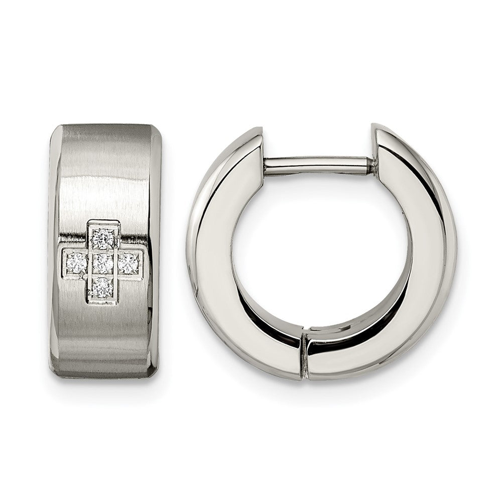 Stainless Steel Chisel Brushed And Polished With Cz 6mm Hinged Hoop Earrings