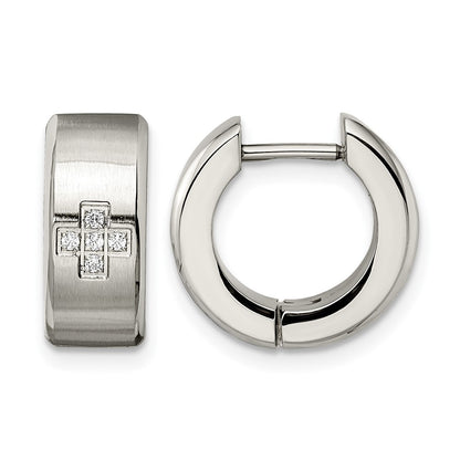 Stainless Steel Chisel Brushed And Polished With Cz 6mm Hinged Hoop Earrings