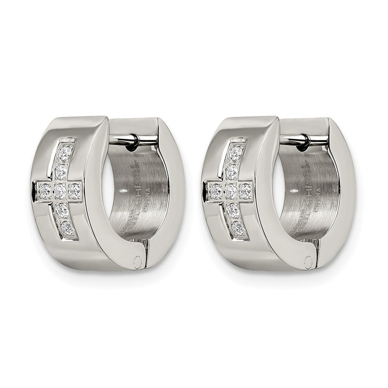 Stainless Steel Chisel Brushed And Polished With Cz Cross 6mm Hinged Hoop Earrings
