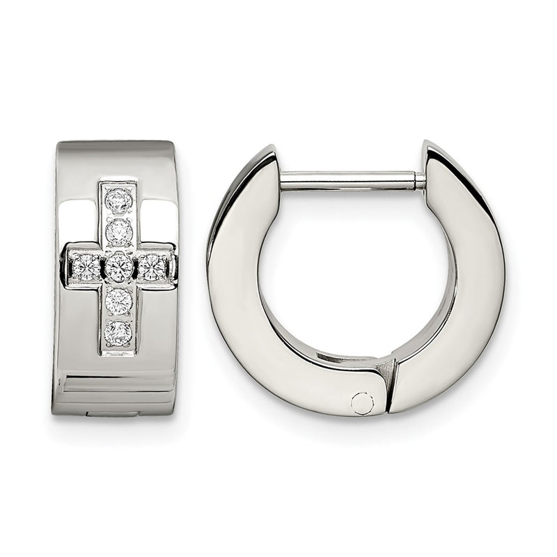 Stainless Steel Chisel Brushed And Polished With Cz Cross 6mm Hinged Hoop Earrings