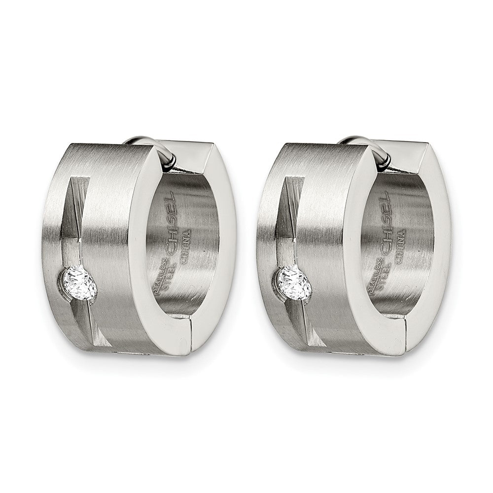 Stainless Steel Chisel Brushed And Polished With Cz 7mm Hinged Hoop Earrings