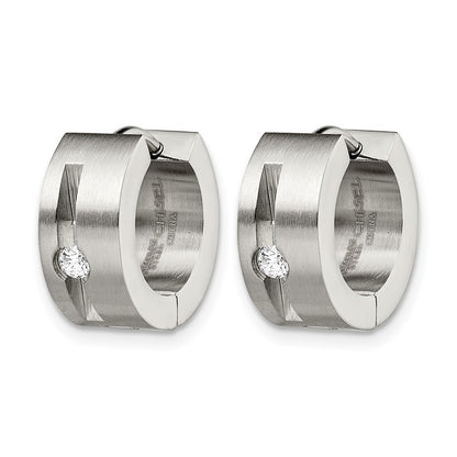 Stainless Steel Chisel Brushed And Polished With Cz 7mm Hinged Hoop Earrings