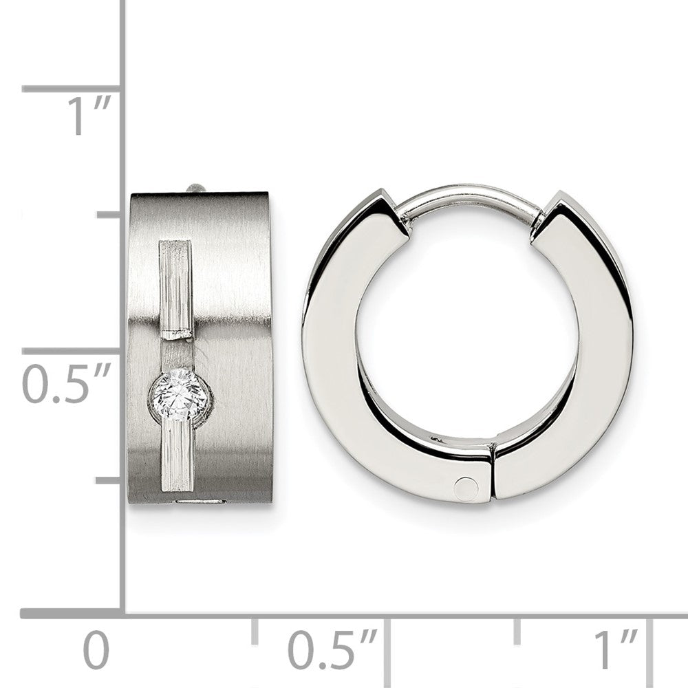 Stainless Steel Chisel Brushed And Polished With Cz 7mm Hinged Hoop Earrings