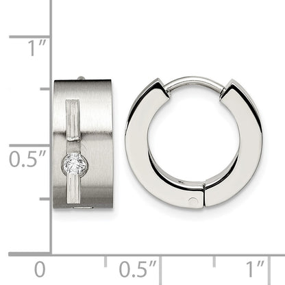 Stainless Steel Chisel Brushed And Polished With Cz 7mm Hinged Hoop Earrings