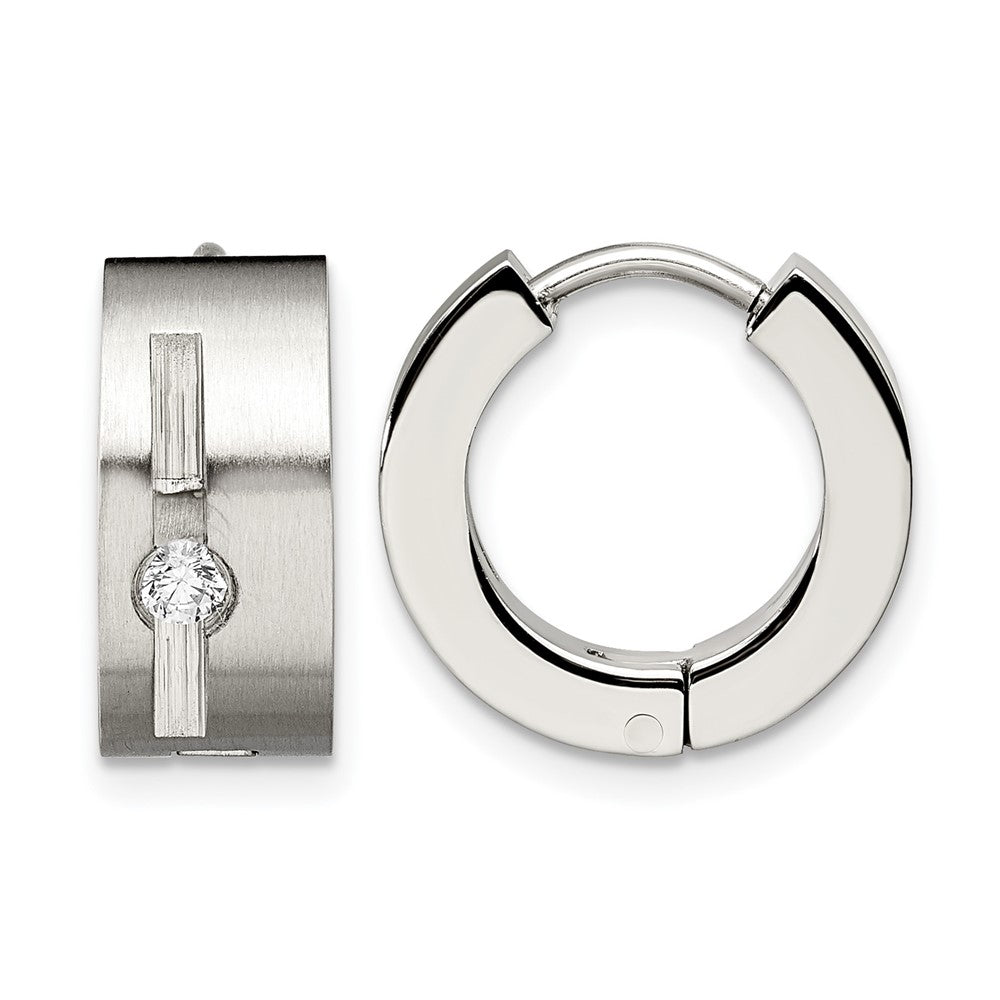 Stainless Steel Chisel Brushed And Polished With Cz 7mm Hinged Hoop Earrings