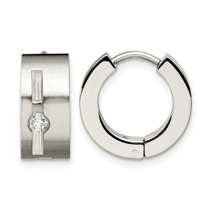 Stainless Steel Chisel Brushed And Polished With Cz 7mm Hinged Hoop Earrings