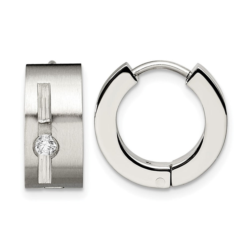 Stainless Steel Chisel Brushed And Polished With Cz 7mm Hinged Hoop Earrings