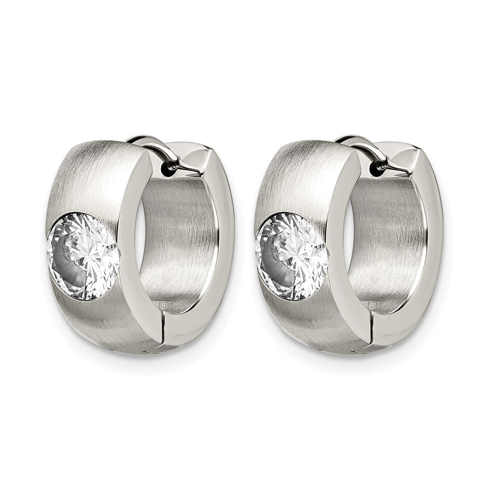 Stainless Steel Chisel Brushed And Polished With Cz Round 7mm Hinged Hoop Earrings