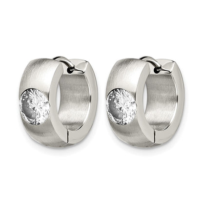 Stainless Steel Chisel Brushed And Polished With Cz Round 7mm Hinged Hoop Earrings