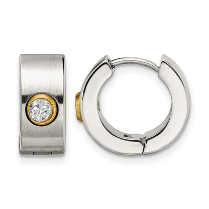 Stainless Steel Chisel Polished Yellow Ip-Plated With Cz 6mm Hinged Hoop Earrings