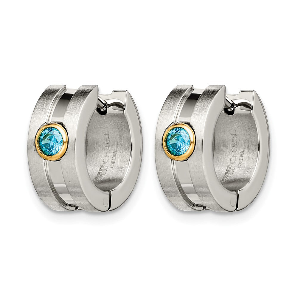 Stainless Steel Chisel Brushed And Polished Yellow Ip-Plated With Blue Cz Hinged Hoop Earrings