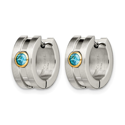 Stainless Steel Chisel Brushed And Polished Yellow Ip-Plated With Blue Cz Hinged Hoop Earrings