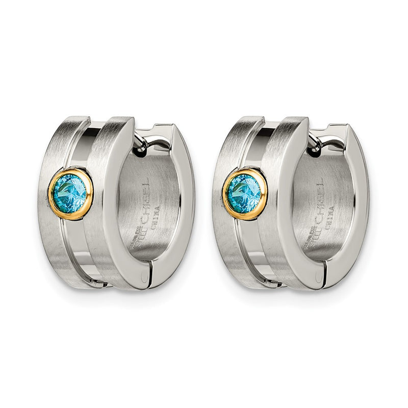 Stainless Steel Chisel Brushed And Polished Yellow Ip-Plated With Blue Cz Hinged Hoop Earrings