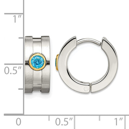 Stainless Steel Chisel Brushed And Polished Yellow Ip-Plated With Blue Cz Hinged Hoop Earrings