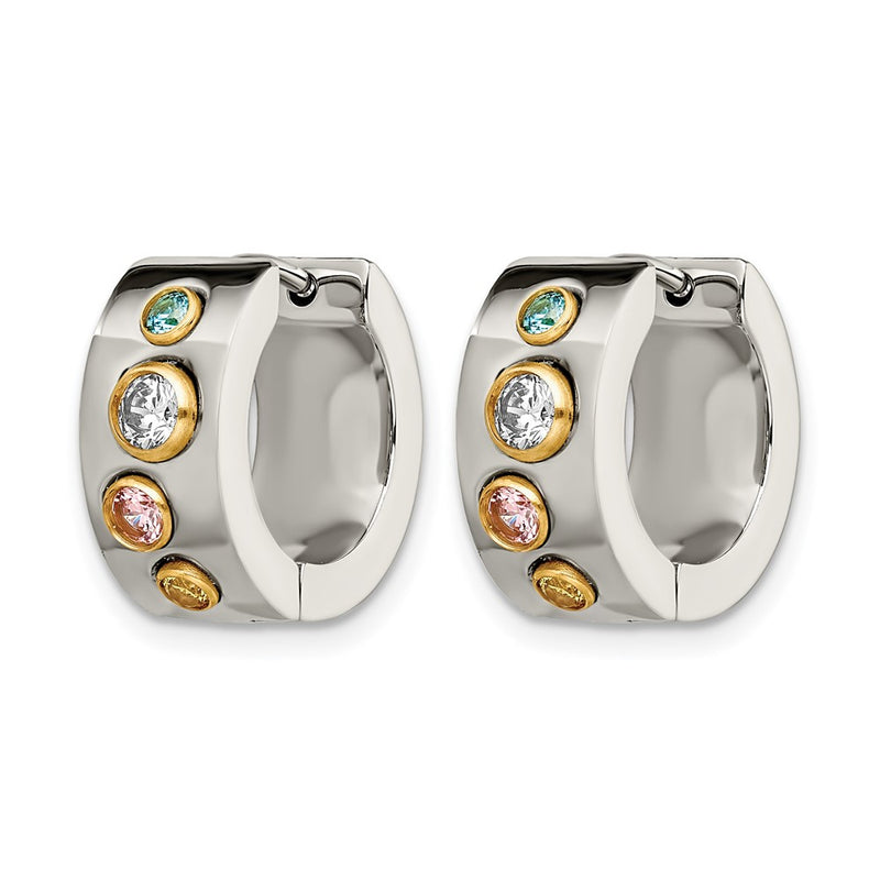 Stainless Steel Chisel Polished Yellow Ip-Plated With Multicolor Cz 7mm Hinged Hoop Earrings