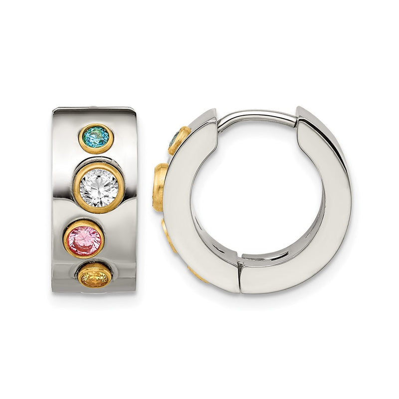 Stainless Steel Chisel Polished Yellow Ip-Plated With Multicolor Cz 7mm Hinged Hoop Earrings