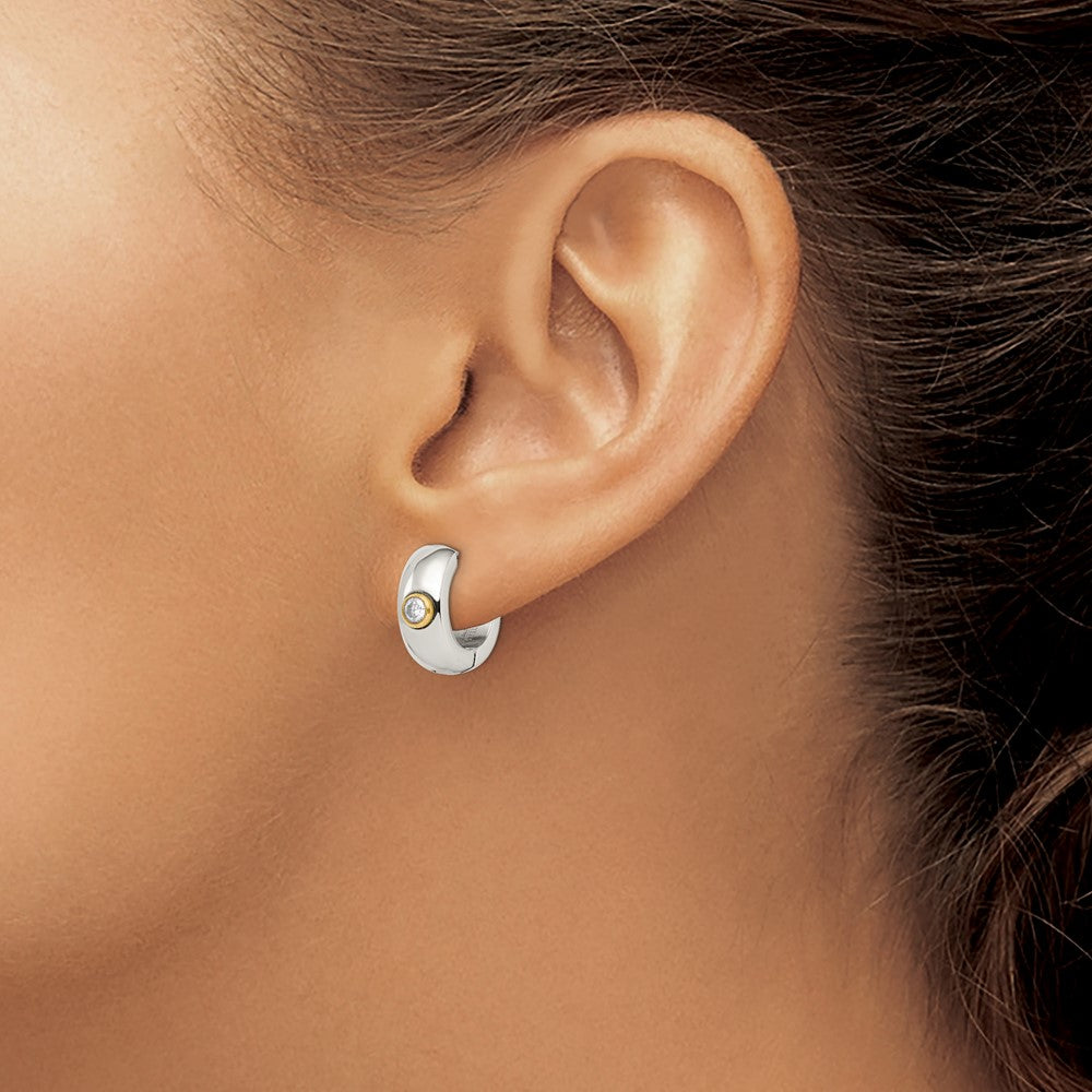 Stainless Steel Chisel Polished Yellow Ip-Plated With Cz 7mm Hinged Hoop Earrings