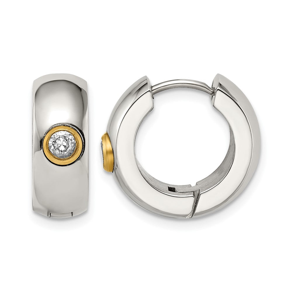 Stainless Steel Chisel Polished Yellow Ip-Plated With Cz 7mm Hinged Hoop Earrings
