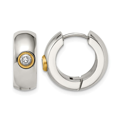 Stainless Steel Chisel Polished Yellow Ip-Plated With Cz 7mm Hinged Hoop Earrings