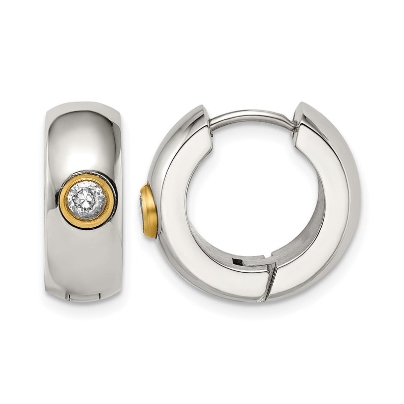 Stainless Steel Chisel Polished Yellow Ip-Plated With Cz 7mm Hinged Hoop Earrings