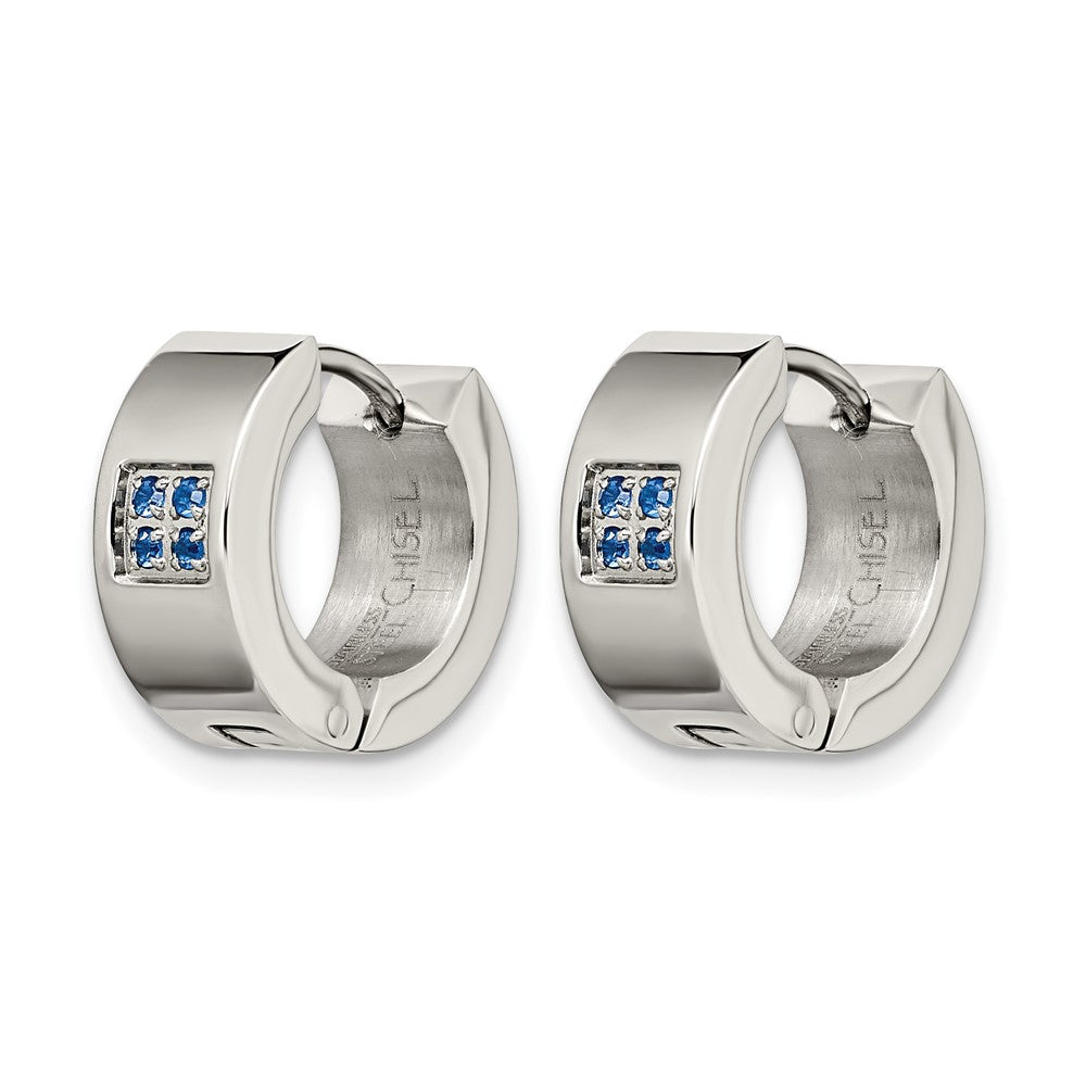 Stainless Steel Chisel Brushed And Polished With Blue Cz 6mm Hinged Hoop Earrings