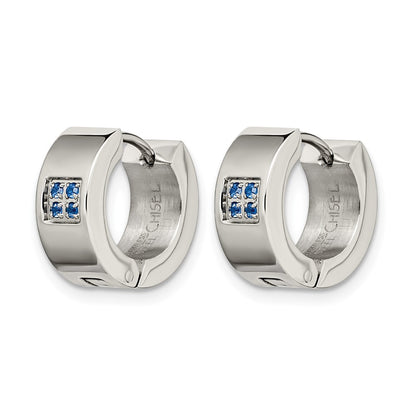 Stainless Steel Chisel Brushed And Polished With Blue Cz 6mm Hinged Hoop Earrings