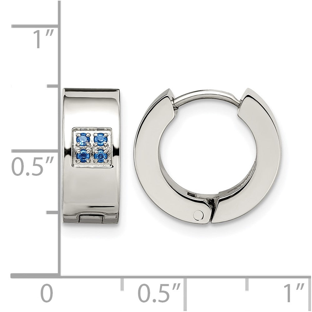 Stainless Steel Chisel Brushed And Polished With Blue Cz 6mm Hinged Hoop Earrings