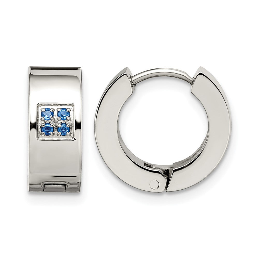Stainless Steel Chisel Brushed And Polished With Blue Cz 6mm Hinged Hoop Earrings