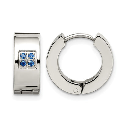 Stainless Steel Chisel Brushed And Polished With Blue Cz 6mm Hinged Hoop Earrings