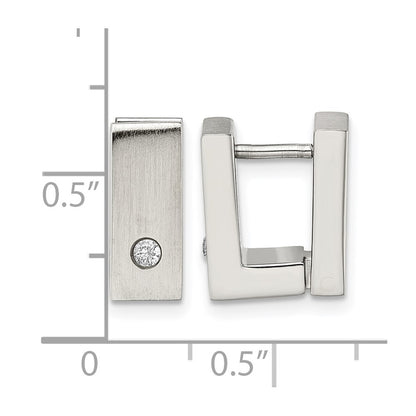 Stainless Steel Chisel Brushed And Polished With Cz 5mm Hinged Square Hoop Earrings