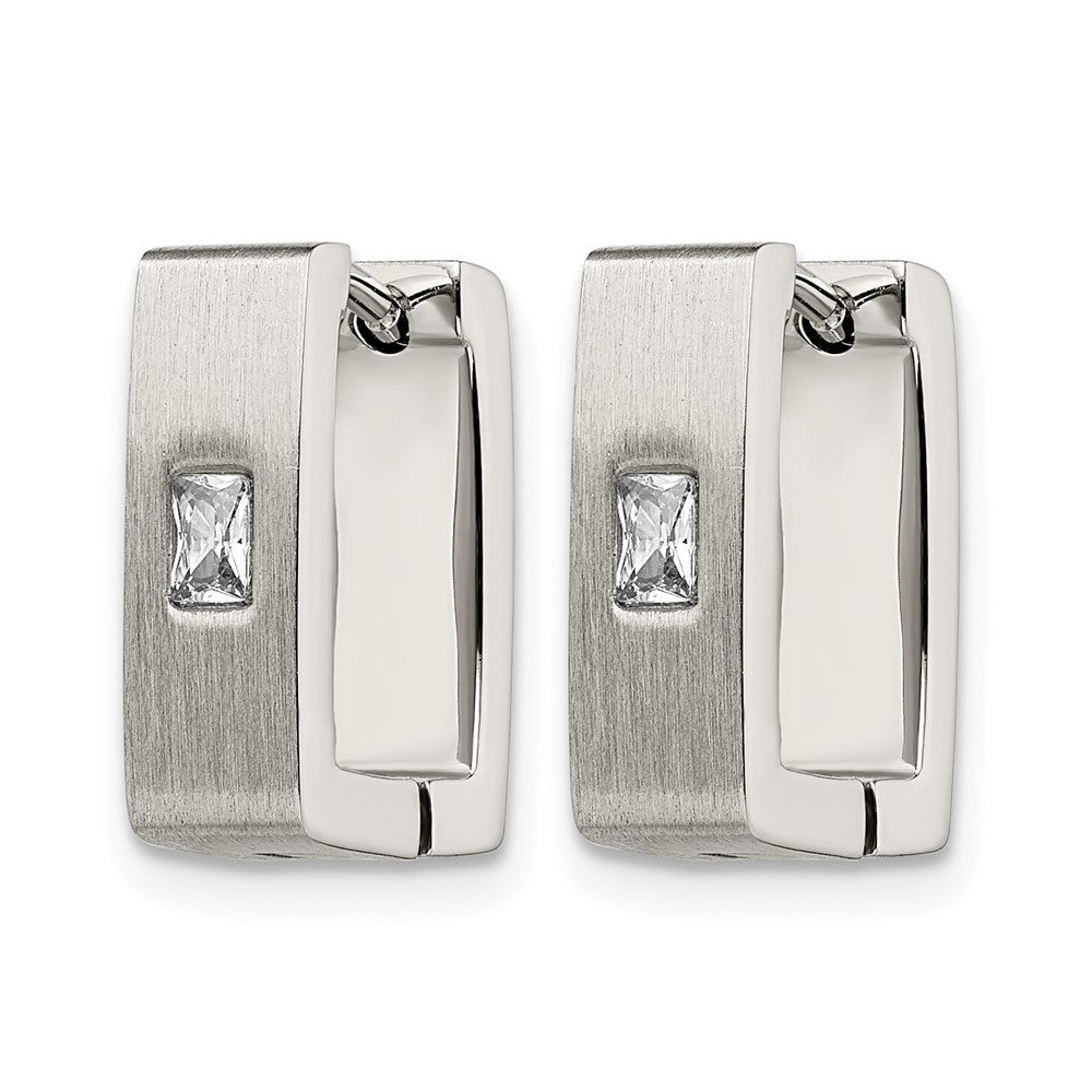 Stainless Steel Chisel Brushed And Polished With Cz 5mm Square Hinged Earrings