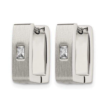 Stainless Steel Chisel Brushed And Polished With Cz 5mm Square Hinged Earrings