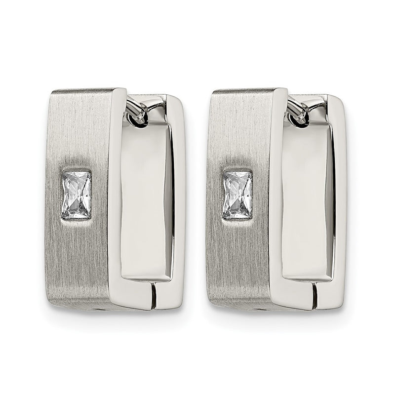 Stainless Steel Chisel Brushed And Polished With Cz 5mm Square Hinged Earrings