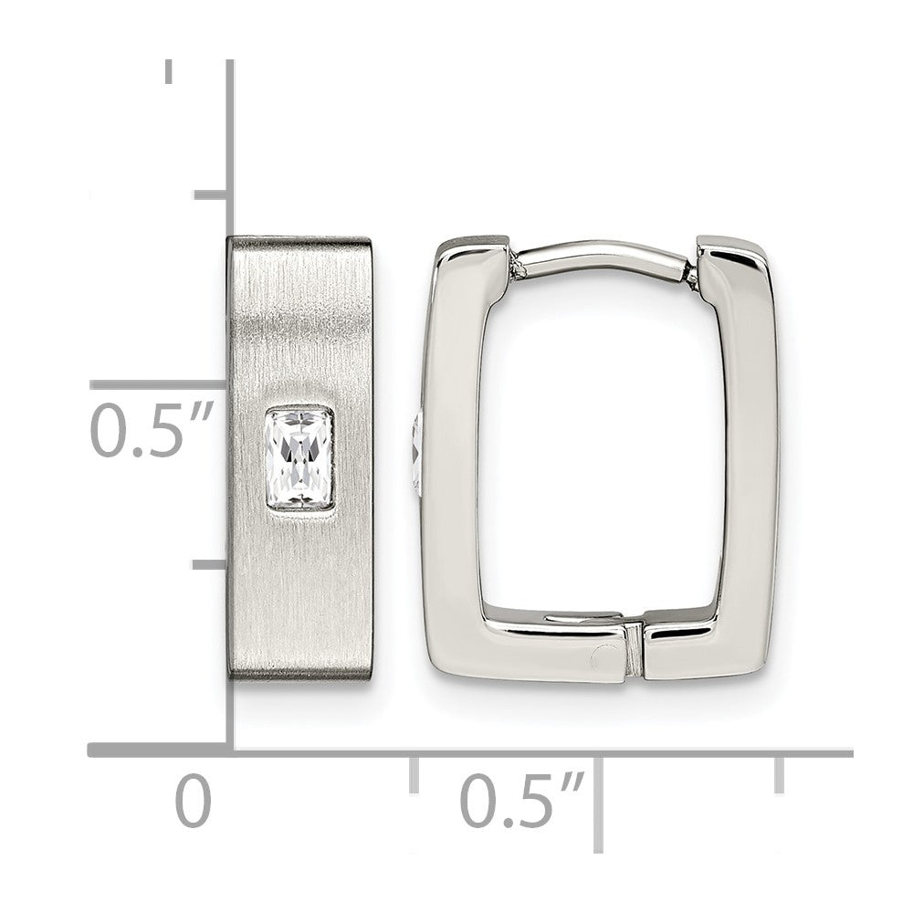Stainless Steel Chisel Brushed And Polished With Cz 5mm Square Hinged Earrings