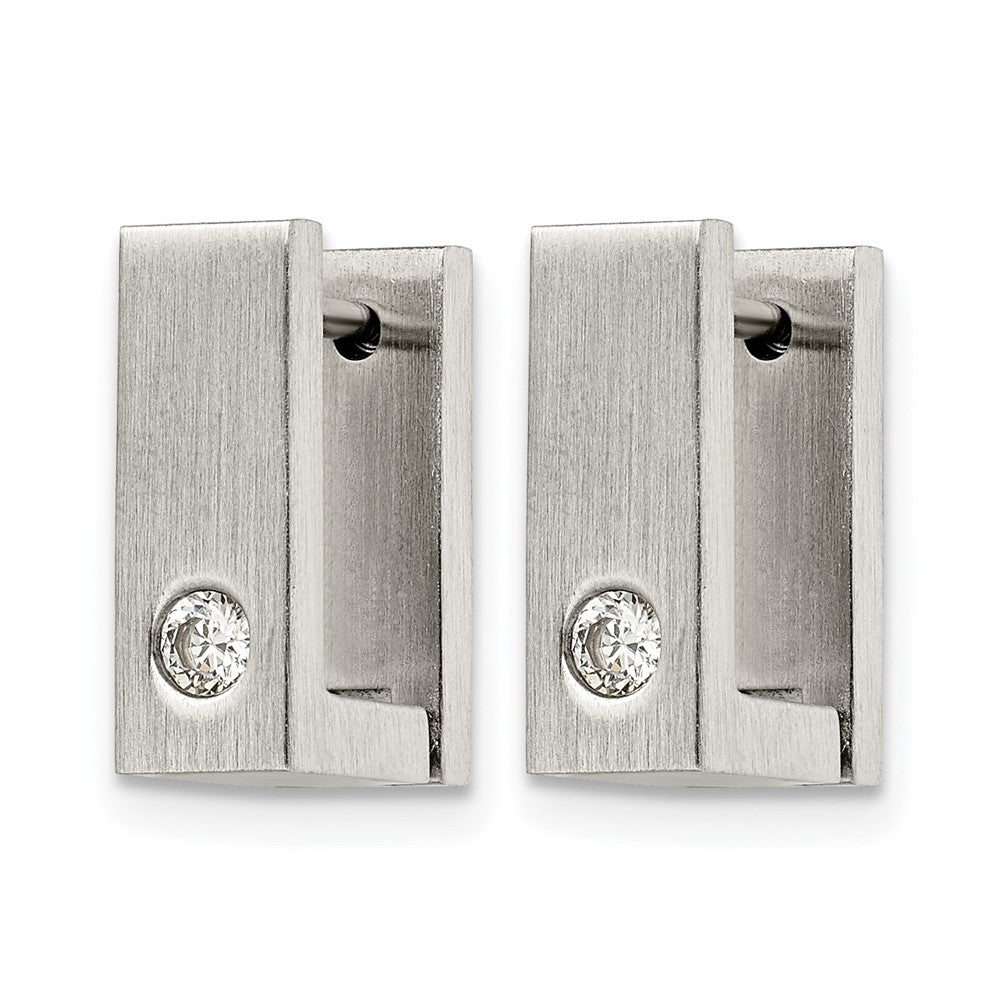 Stainless Steel Chisel Brushed And Polished With Cz 4mm Square Hinged Hoop Earrings