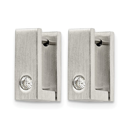 Stainless Steel Chisel Brushed And Polished With Cz 4mm Square Hinged Hoop Earrings