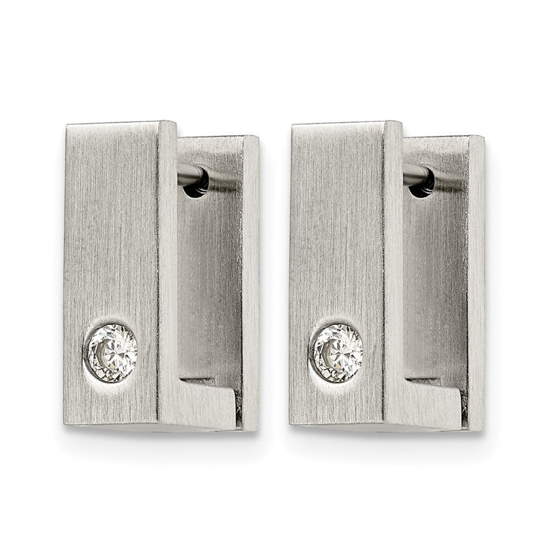 Stainless Steel Chisel Brushed And Polished With Cz 4mm Square Hinged Hoop Earrings