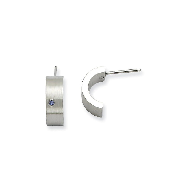 Stainless Steel Blue Cz Brushed & Polished Half Hoop Post Earrings
